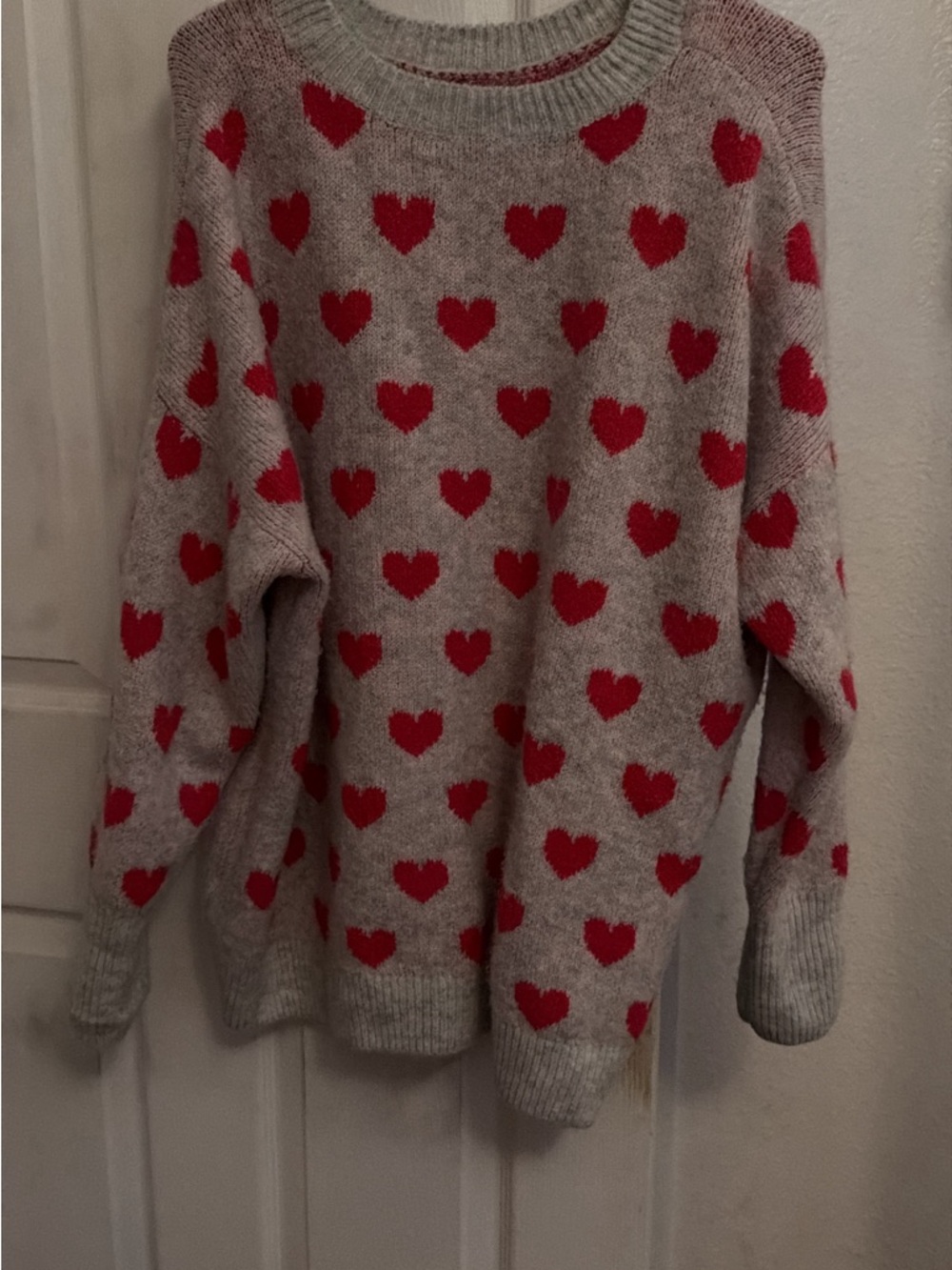 Cozy Gray Sweater with Red Heart Pattern - Women's Knit Pullover